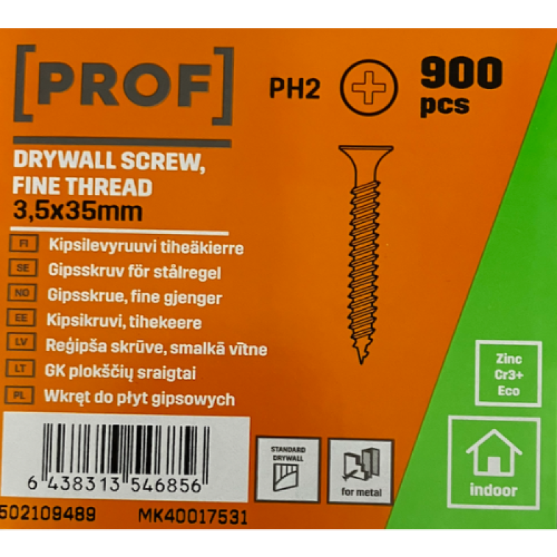 [PROF] Ģipškartona skrūves (smalkā vītne) 3.5x35 mm, 900gb iepakojums 